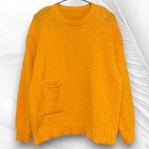 Mustard Yellow Chunky Knit Sweater XL Oversized Pocket Crew Neck Cozy Pullover